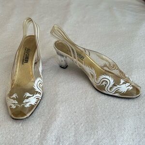 Vintage 1960s 1970s Clear Lucite Disco Gold & White Dragon Sling Back Heels